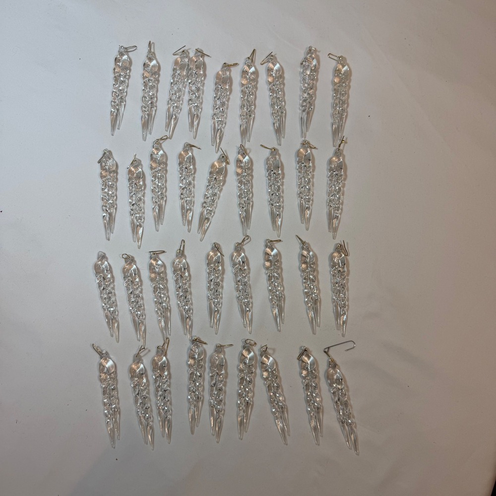 Vintage Clear Acrylic Icicle Christmas Ornaments Twisted Plastic Set of 32 4.5in